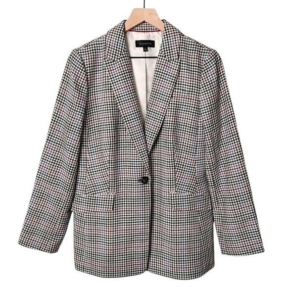 Talbots Wool Houndstooth‎ One Button Blazer Jacket Purple White Black Size 10 - Picture 1 of 9